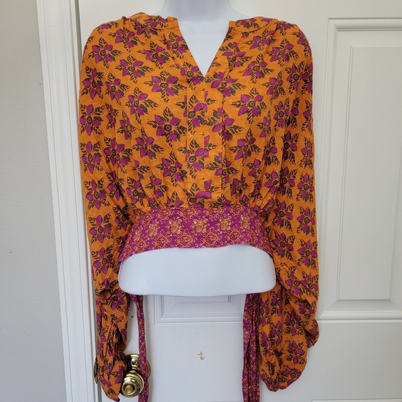 NWOT Rachel Roy Orange Purple Cropped Ruched Waist Tie Long Sleeve Blouse M - Picture 5 of 10